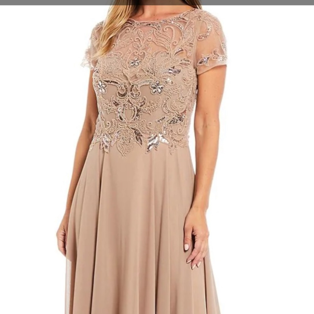 Beaded bodice round neck shift on gown by Xscape